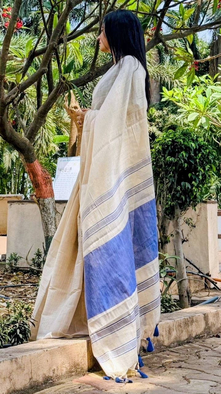 Blue Mysore Silk Linen Jacquard Border Saree