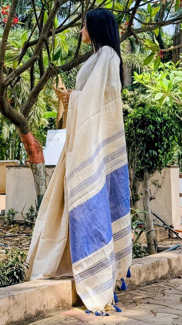 Blue Mysore Silk Linen Jacquard Border Saree