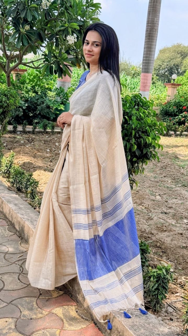 Blue Mysore Silk Linen Jacquard Border Saree