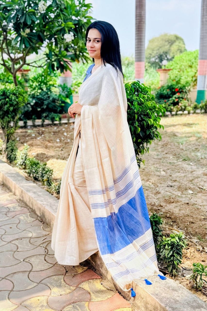 Blue Mysore Silk Linen Jacquard Border Saree, view 3
