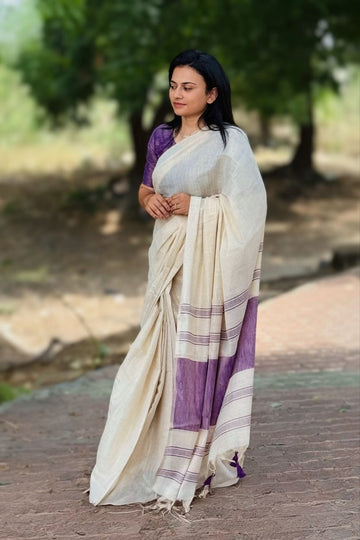 Violet Mysore Silk Linen Jacquard Border Saree