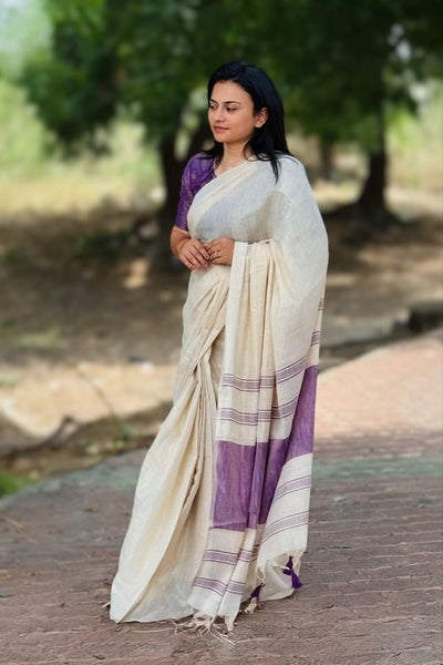 Violet Mysore Silk Linen Jacquard Border Saree