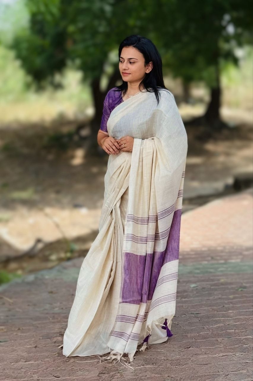 Violet Mysore Silk Linen Jacquard Border Saree