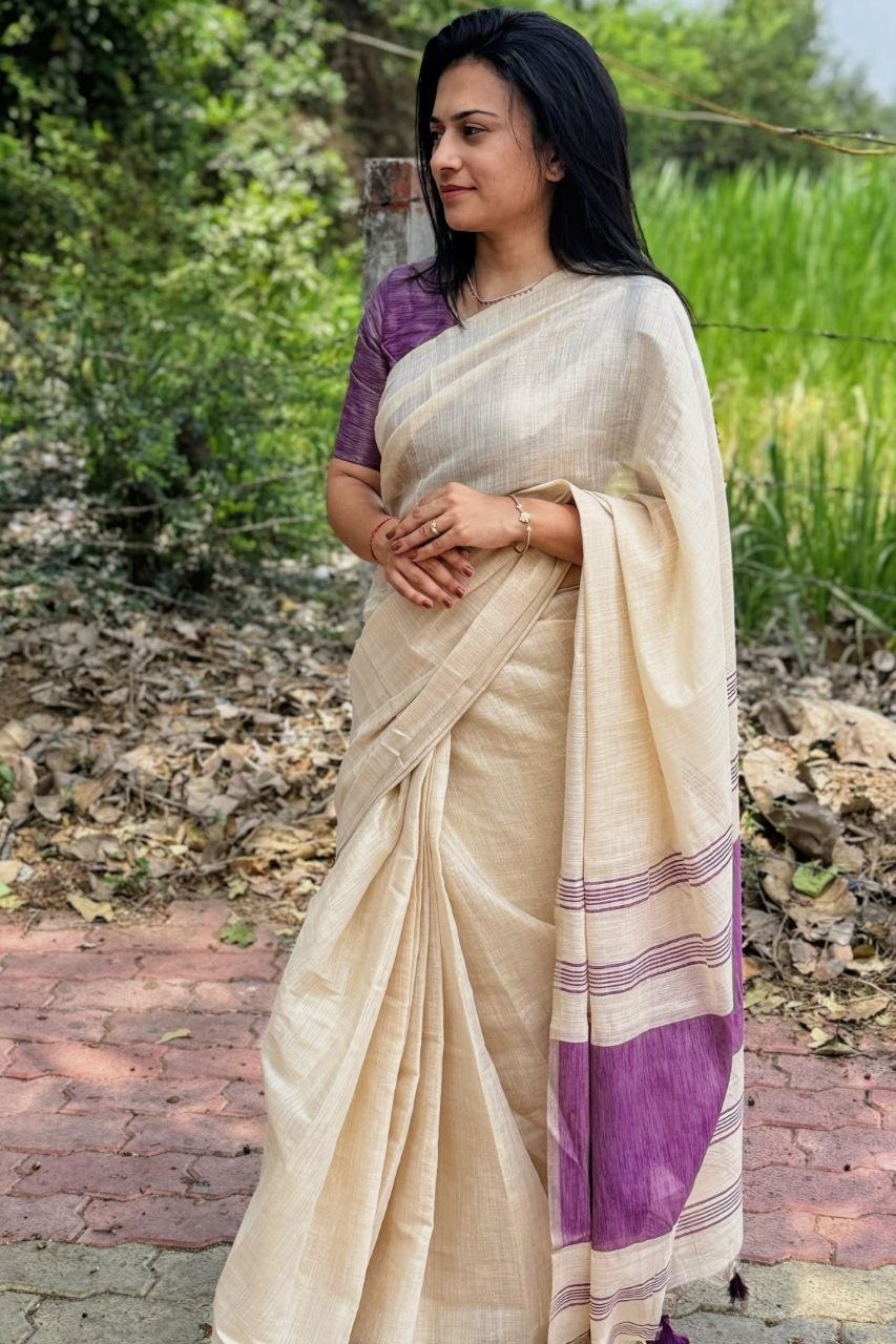 Violet Mysore Silk Linen Jacquard Border Saree, view 2