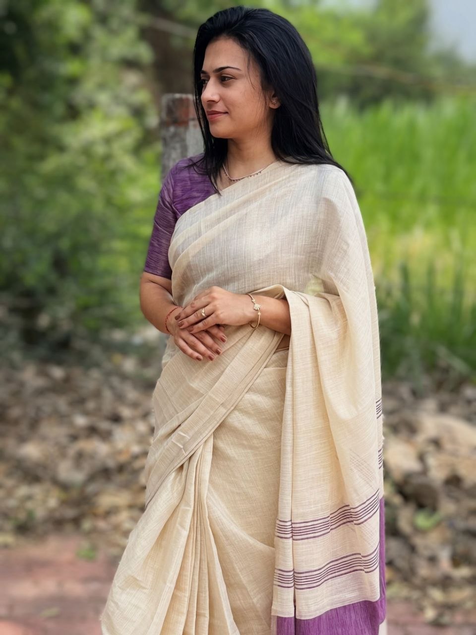 Violet Mysore Silk Linen Jacquard Border Saree, view 3
