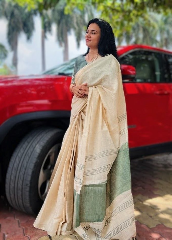 Dark Green Mysore Silk Linen Jacquard Border Saree