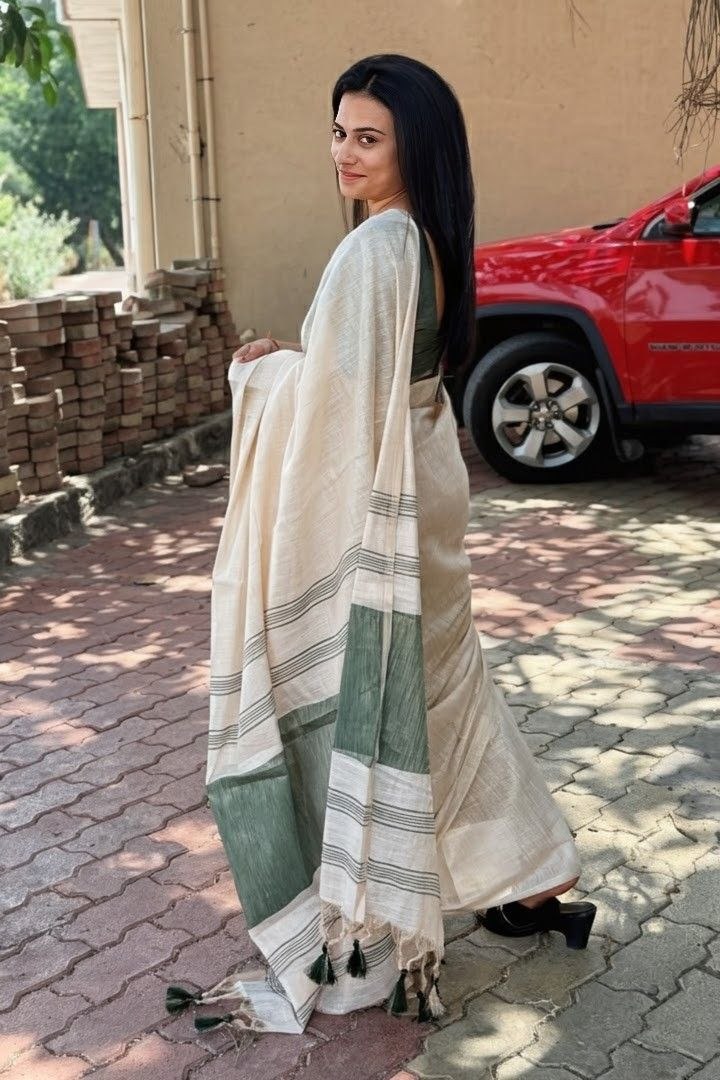 Dark Green Mysore Silk Linen Jacquard Border Saree, view 3