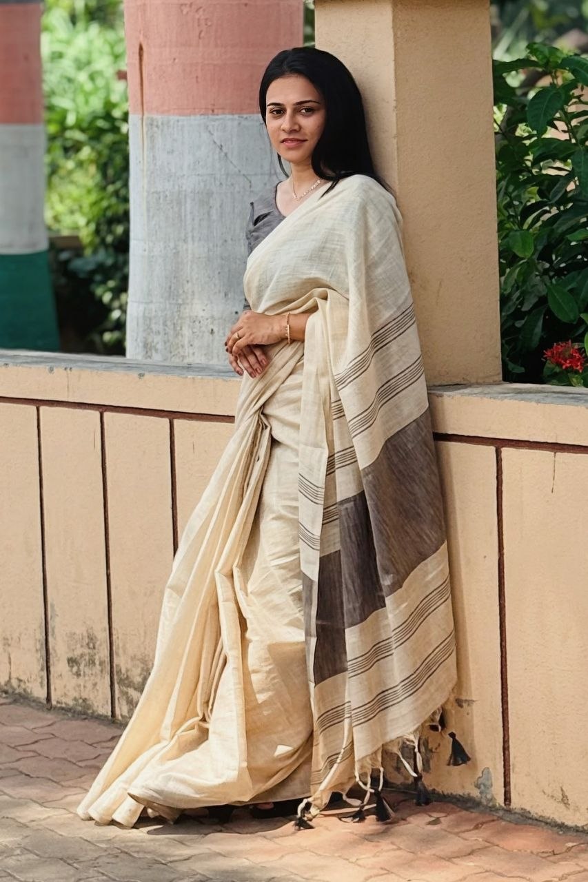 Black Mysore Silk Linen Jacquard Border Saree