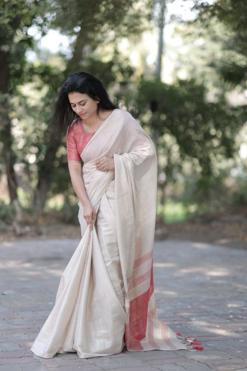 Red Mysore Silk Linen Jacquard Border Saree