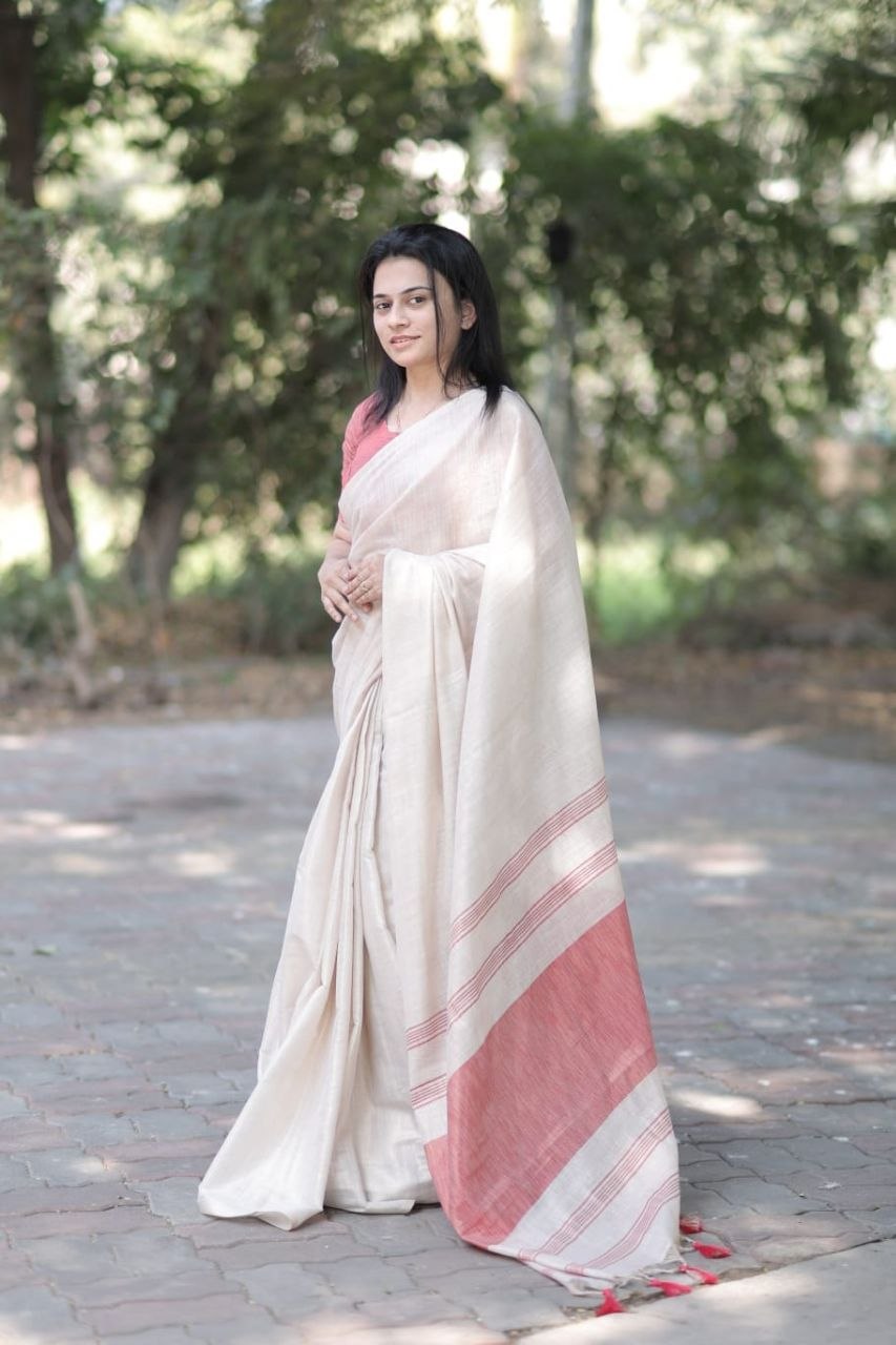Red Mysore Silk Linen Jacquard Border Saree, view 2