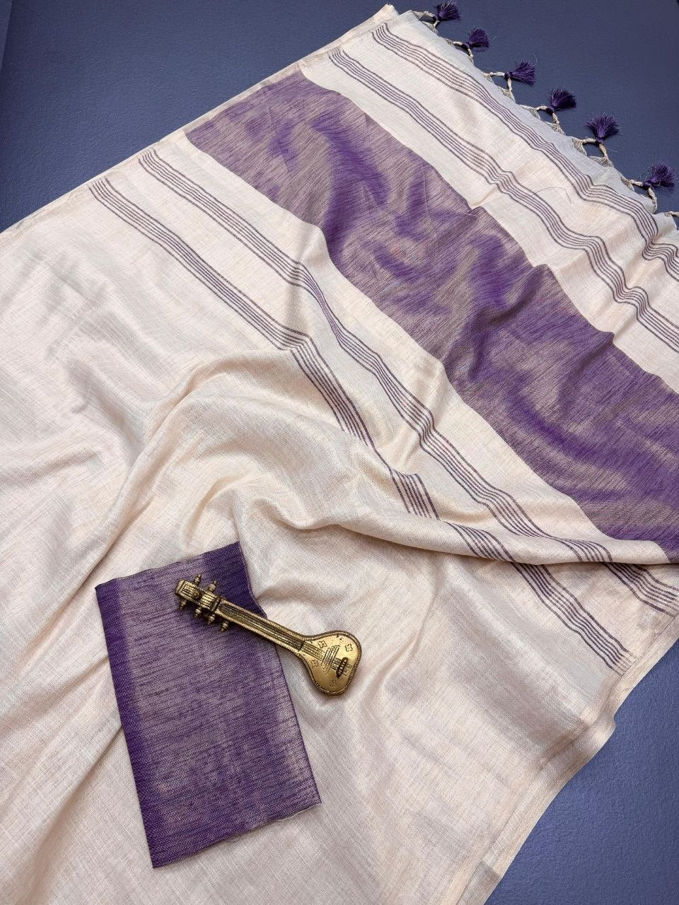 Violet Mysore Silk Linen Jacquard Border Saree, view 4