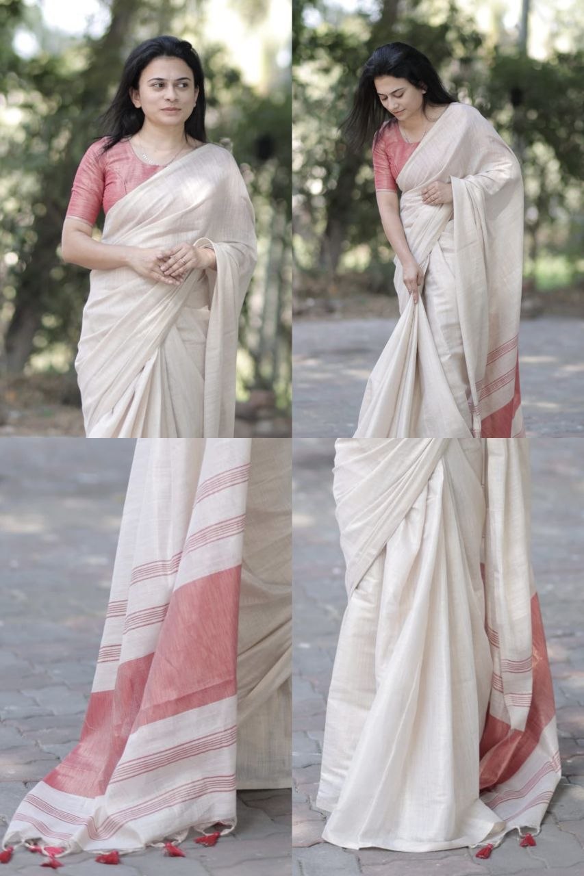 Red Mysore Silk Linen Jacquard Border Saree, view 4