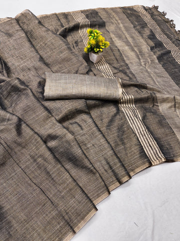 Taupe Grey Linen Tissue Jacquard Saree