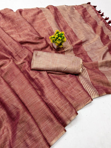 Rust Red Linen Tissue Jacquard Saree