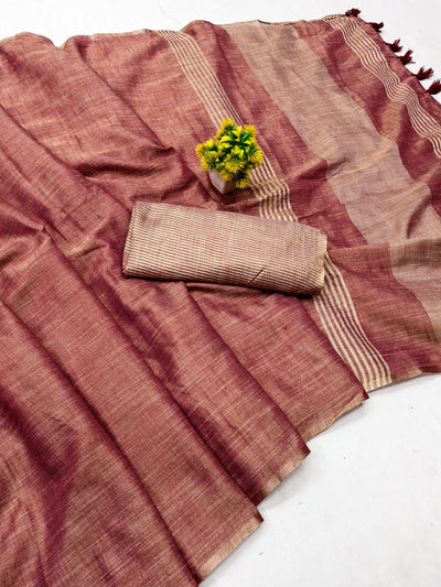 Rust Red Linen Tissue Jacquard Saree
