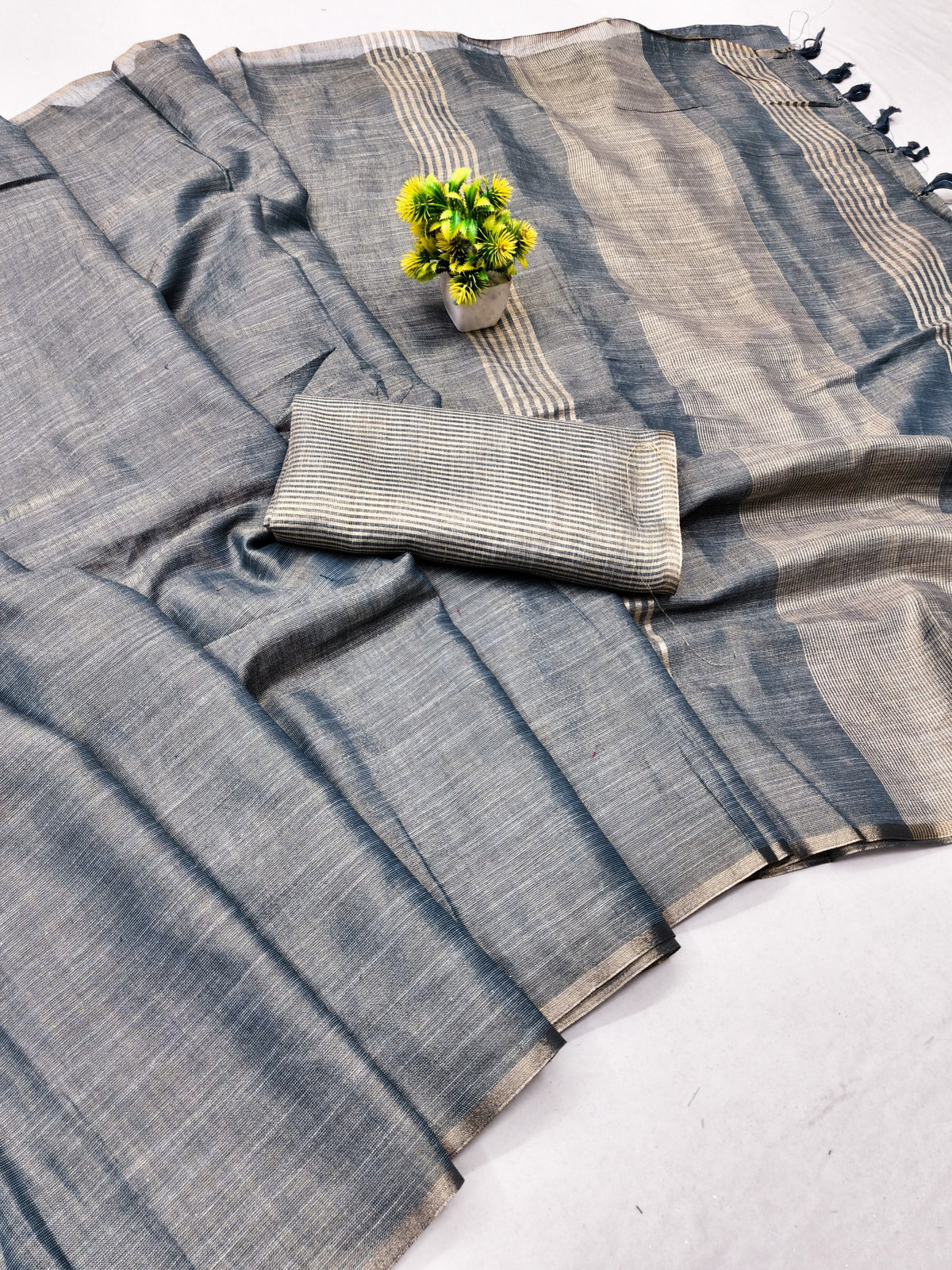 Steel Blue Linen Tissue Jacquard Saree