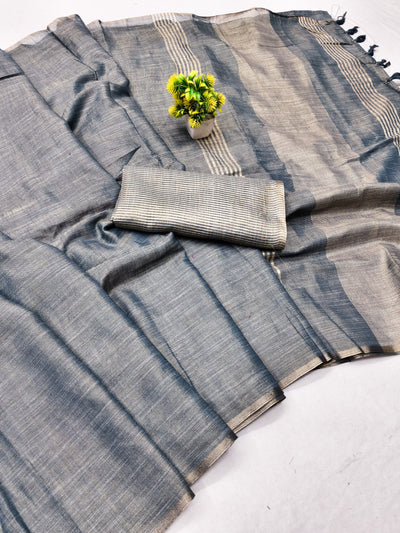 Steel Blue Linen Tissue Jacquard Saree