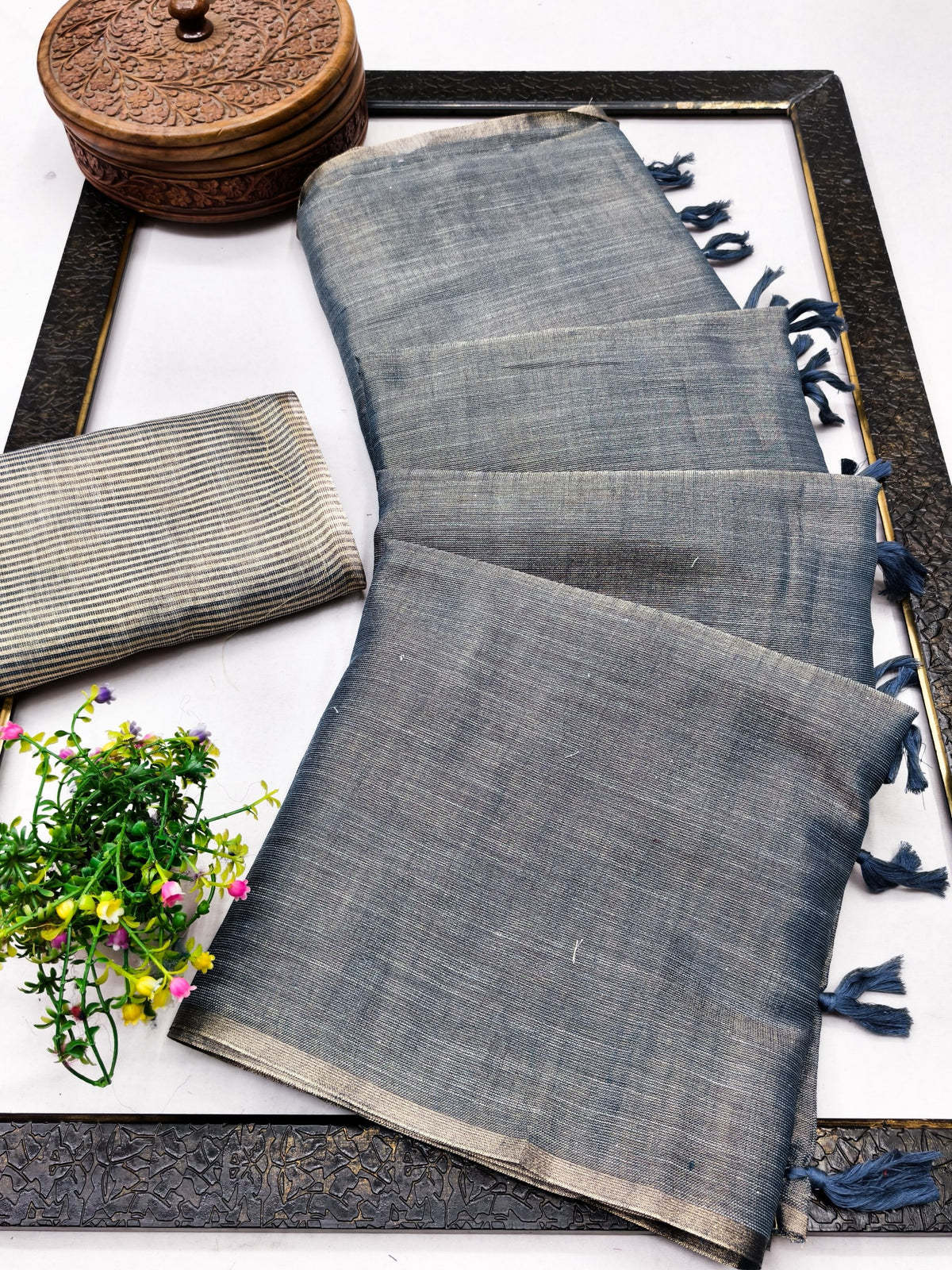 Steel Blue Linen Tissue Jacquard Saree, view 2