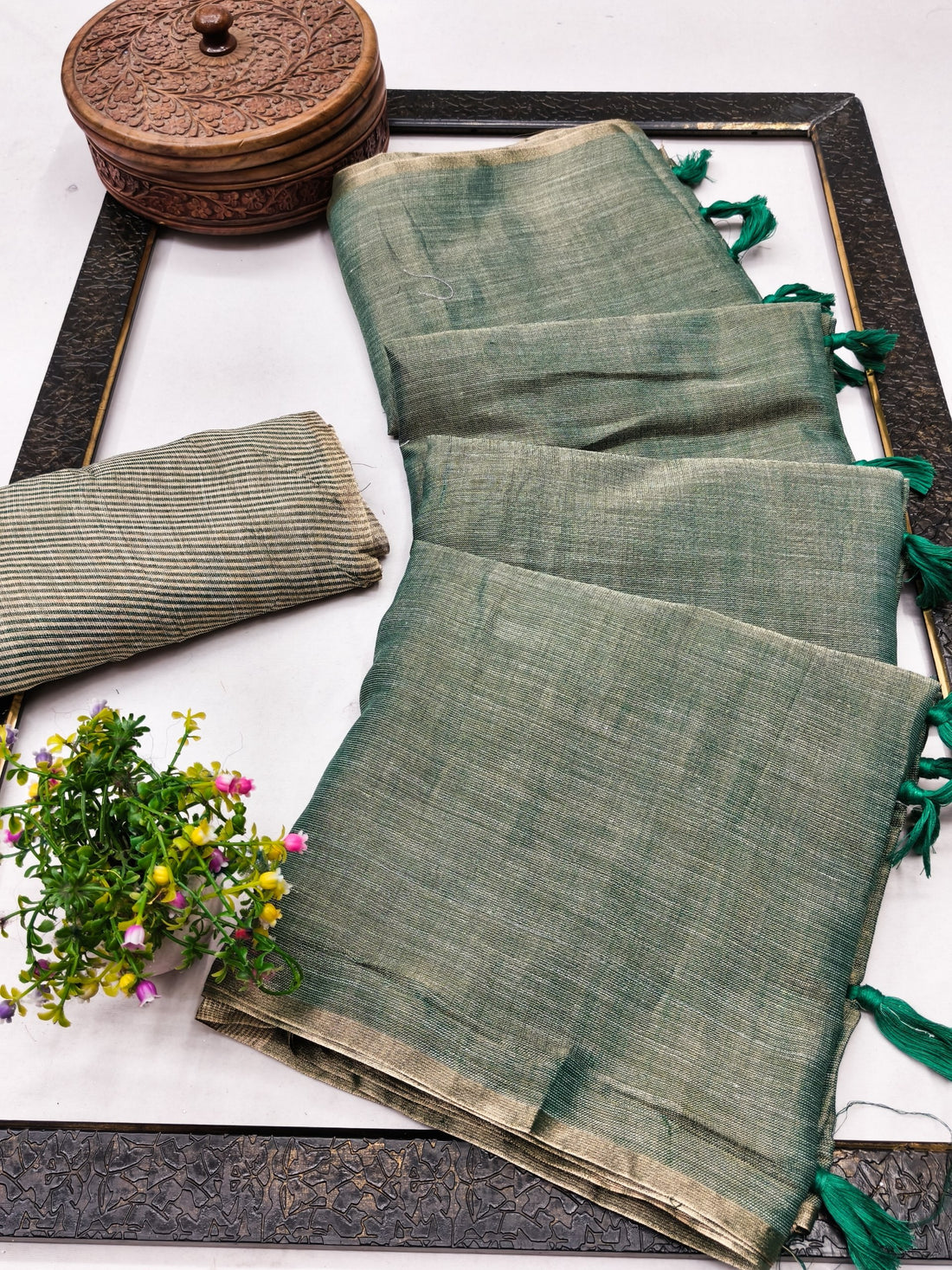 Green Linen Tissue Jacquard Saree