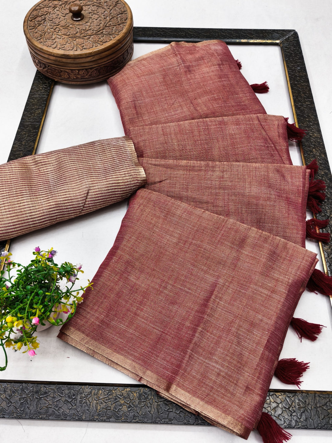 Rust Red Linen Tissue Jacquard Saree