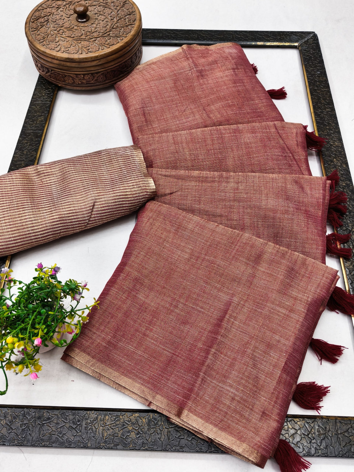 Rust Red Linen Tissue Jacquard Saree, view 2