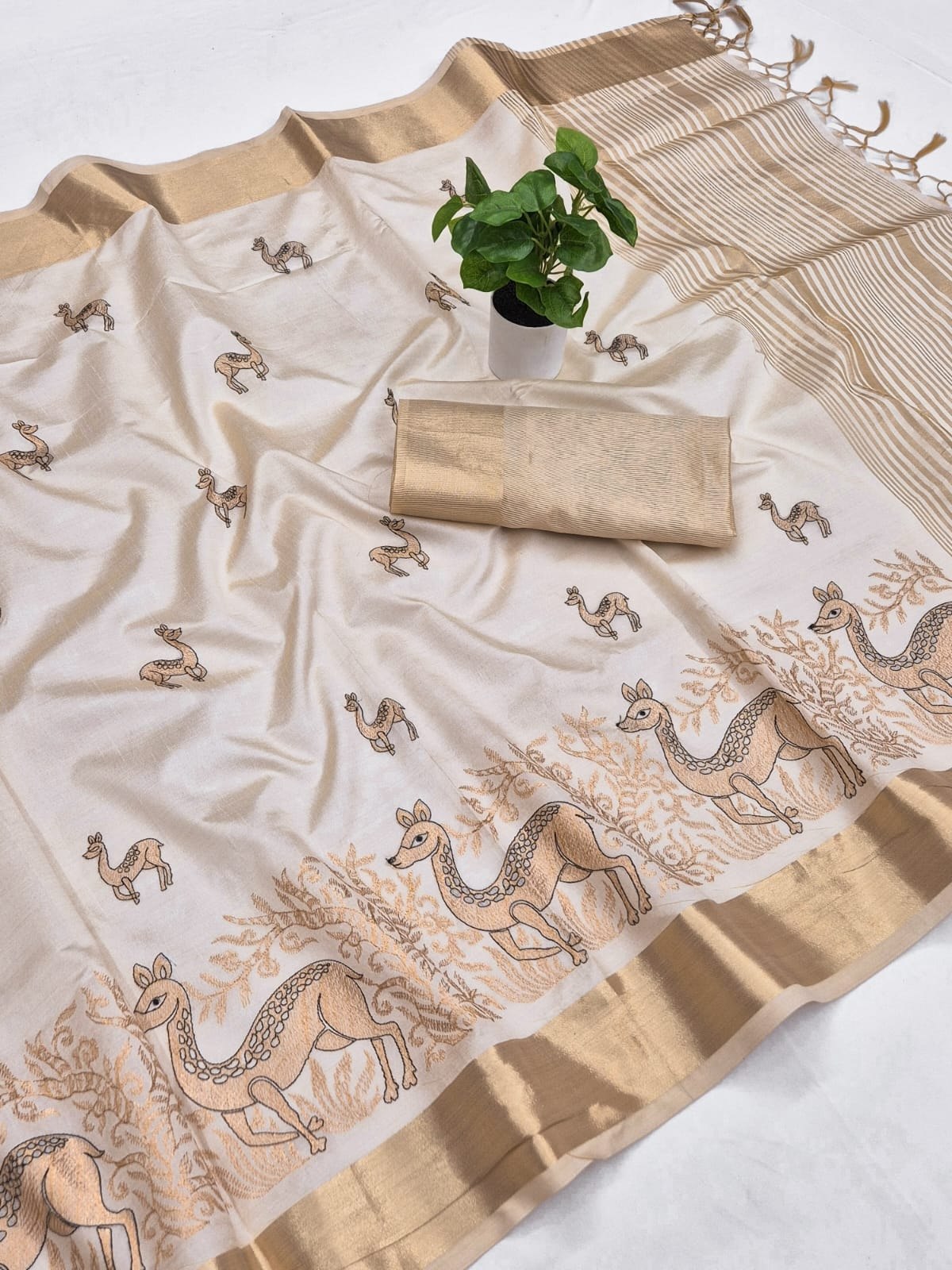 Off-White Aasami Silk Embroidered Saree with Zalar