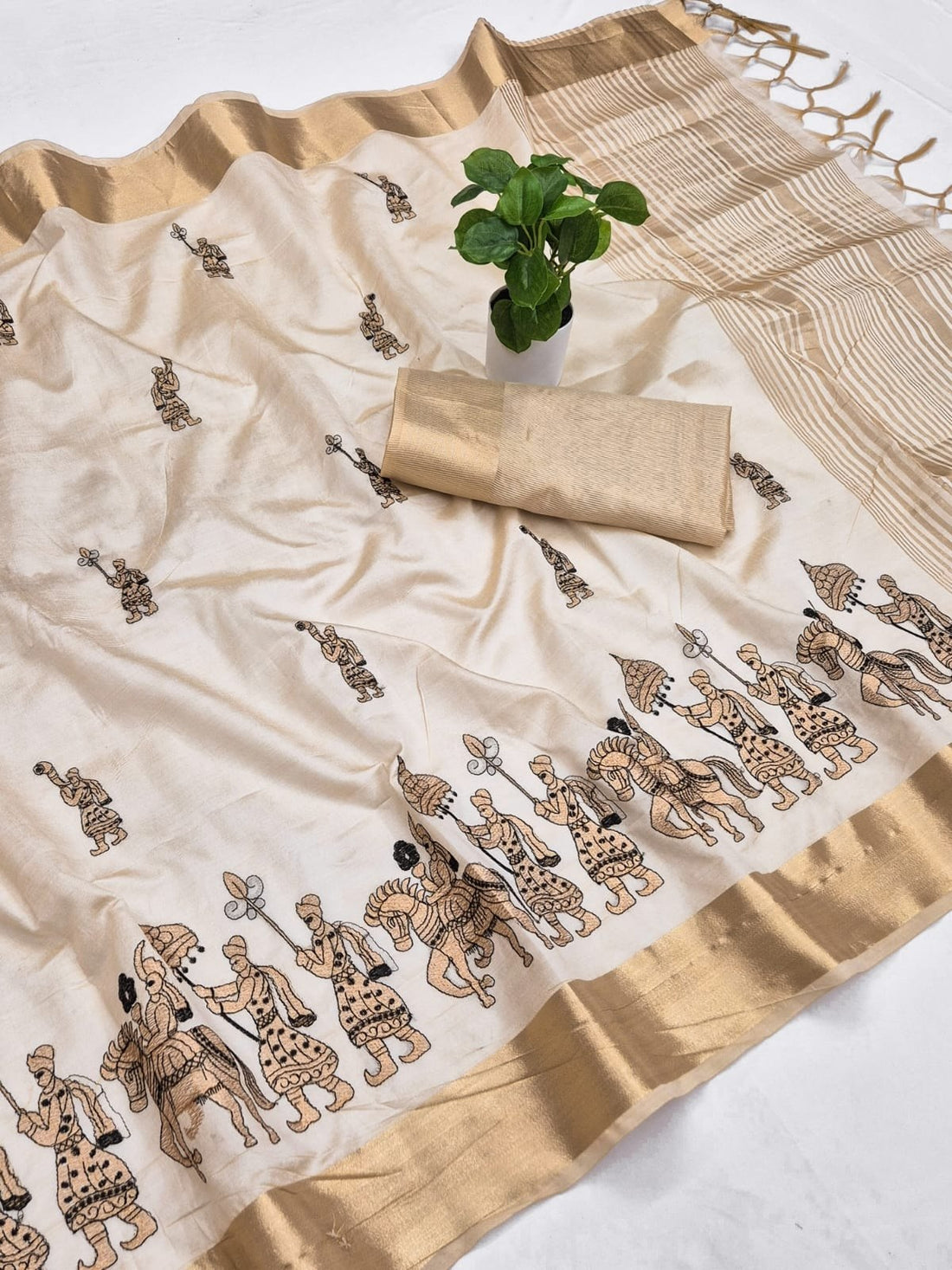 Off-White Aasami Silk Embroidered Saree with Zalar
