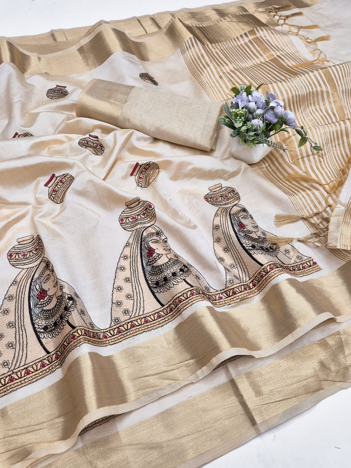 Off-White Aasami Silk Embroidered Saree with Zalar, view 3