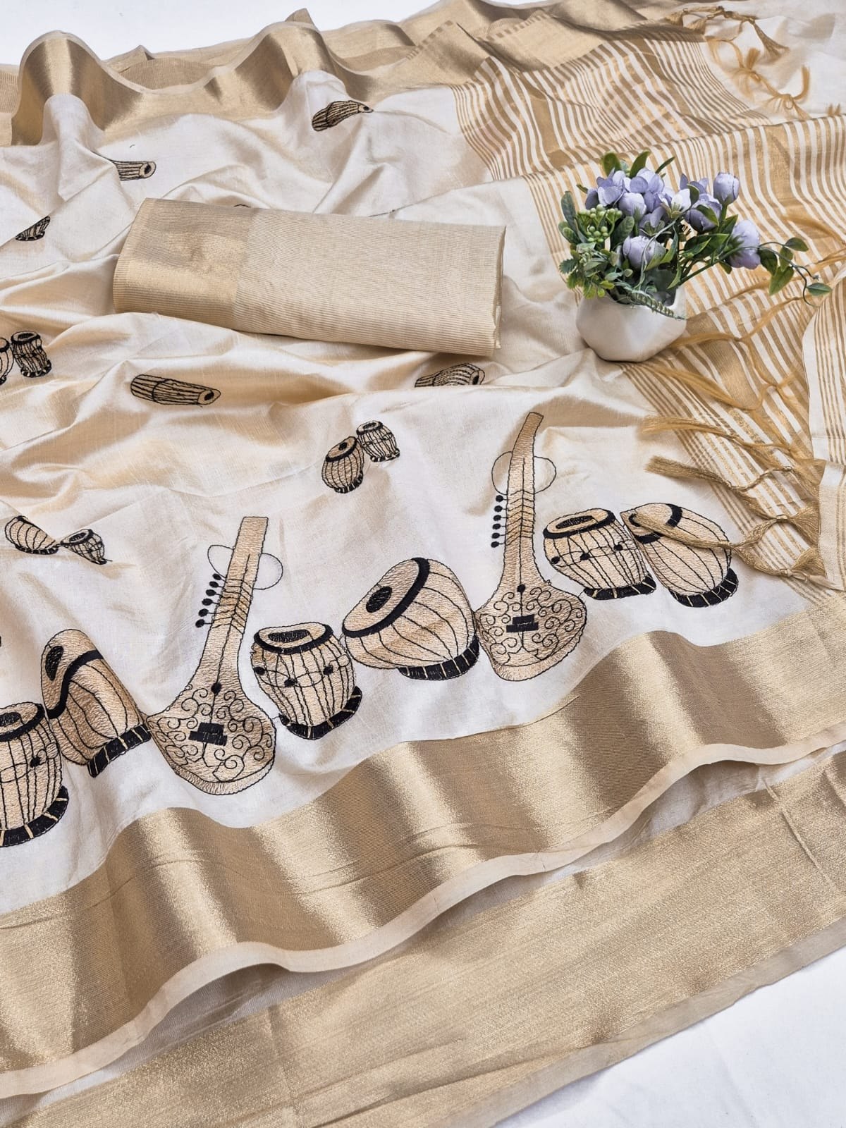 Off-White Aasami Silk Embroidered Saree with Zalar, view 4