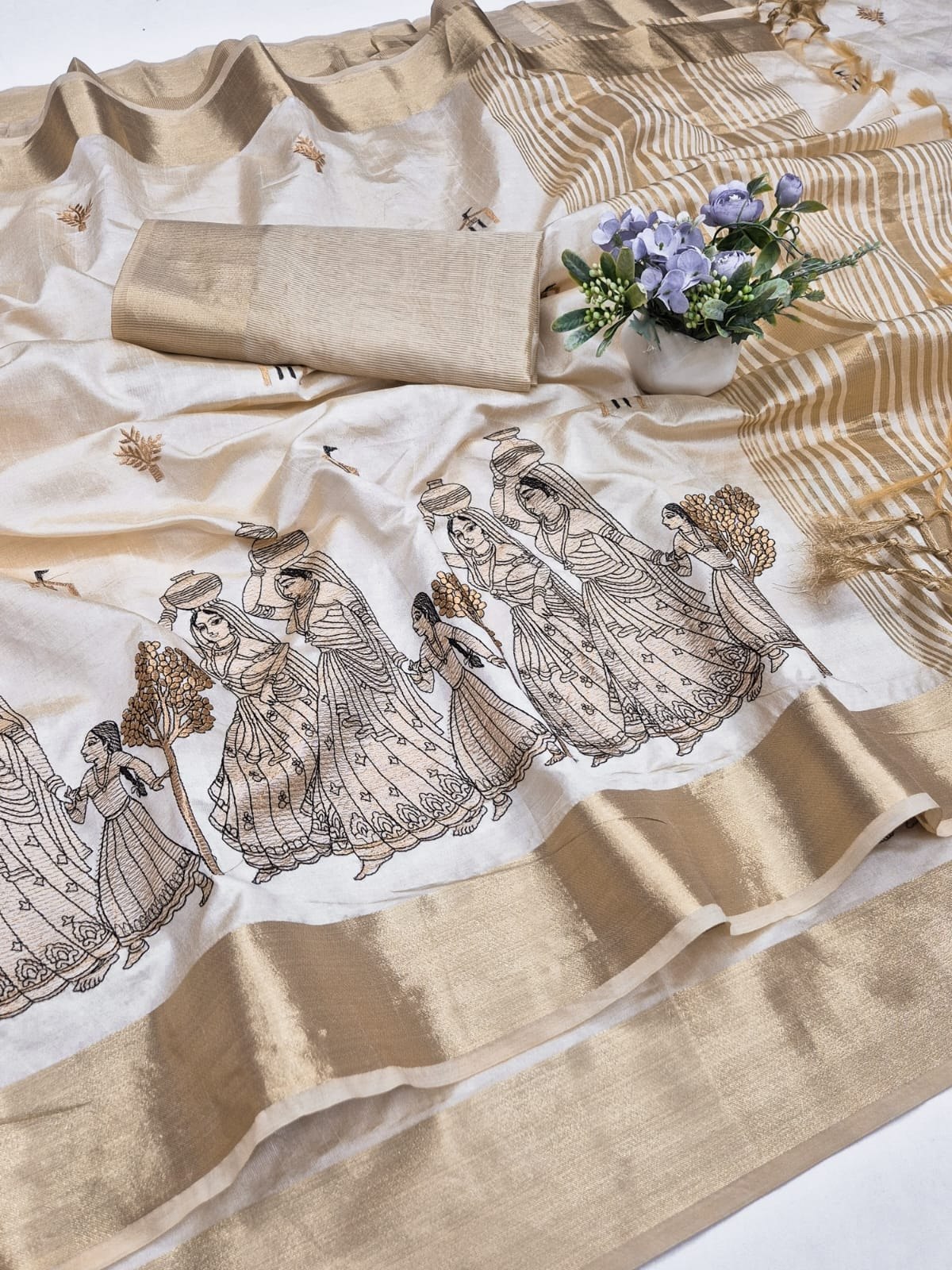 Off-White Aasami Silk Embroidered Saree with Zalar, view 5