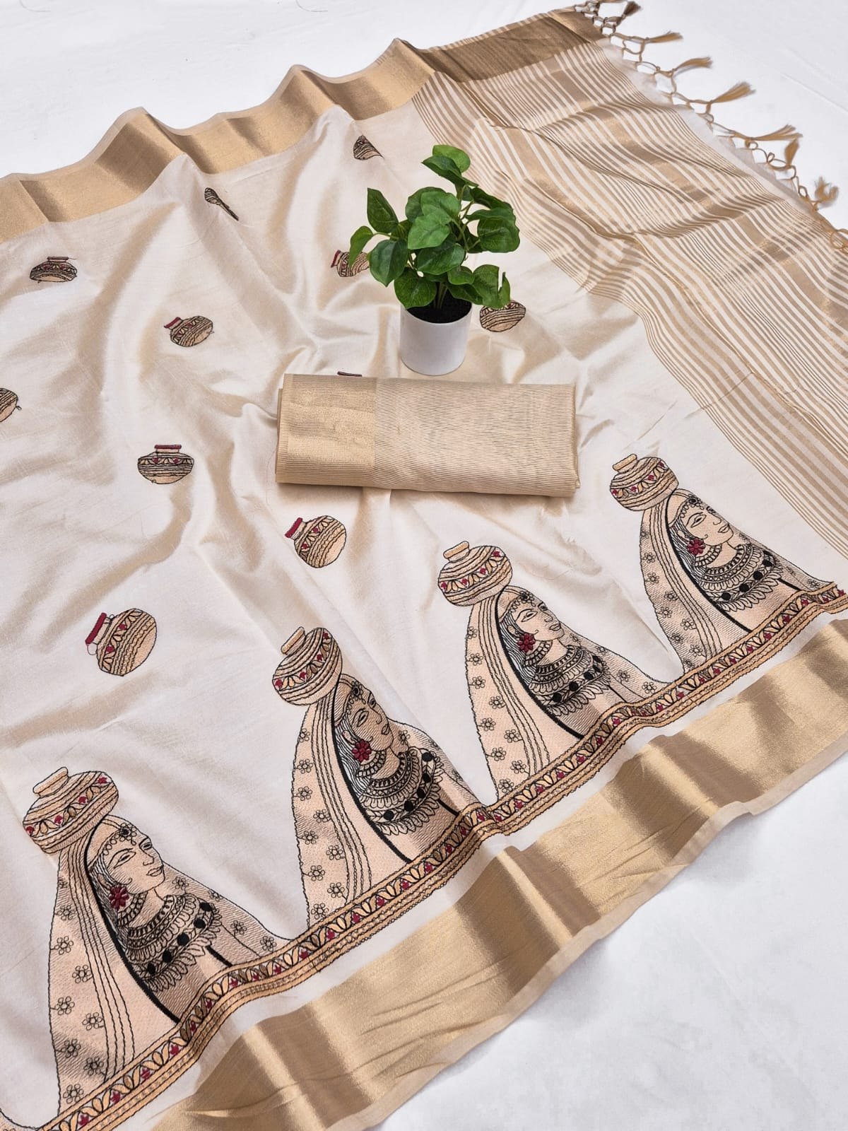 Off-White Aasami Silk Embroidered Saree with Zalar, view 6