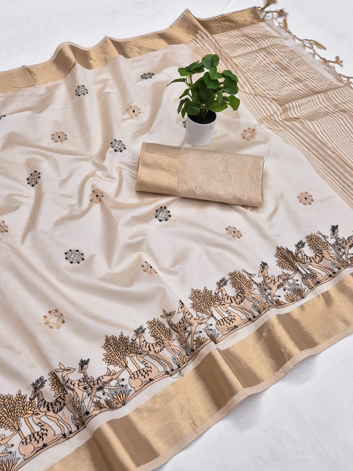 Off-White Aasami Silk Embroidered Saree with Zalar, view 7