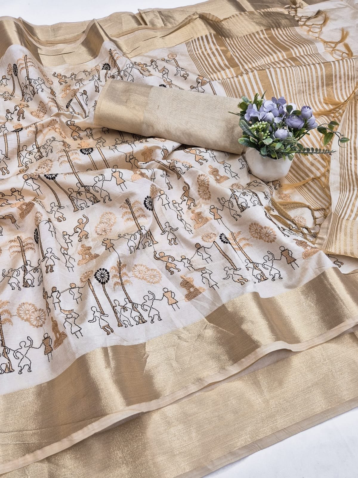 Off-White Aasami Silk Folk Embroidered Saree