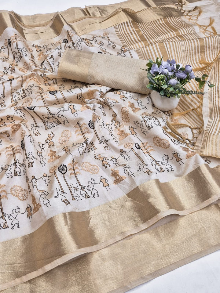 Off-White Aasami Silk Folk Embroidered Saree