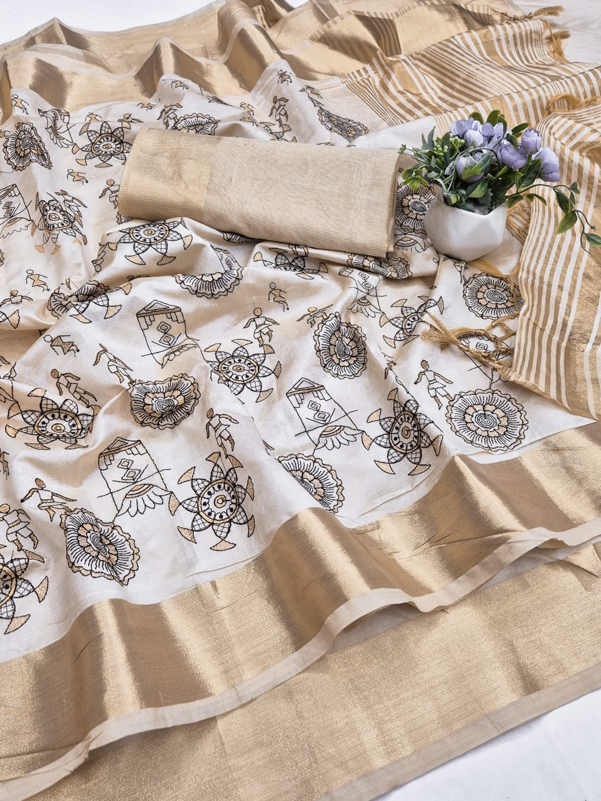 Off-White Aasami Silk Folk Embroidered Saree, view 2