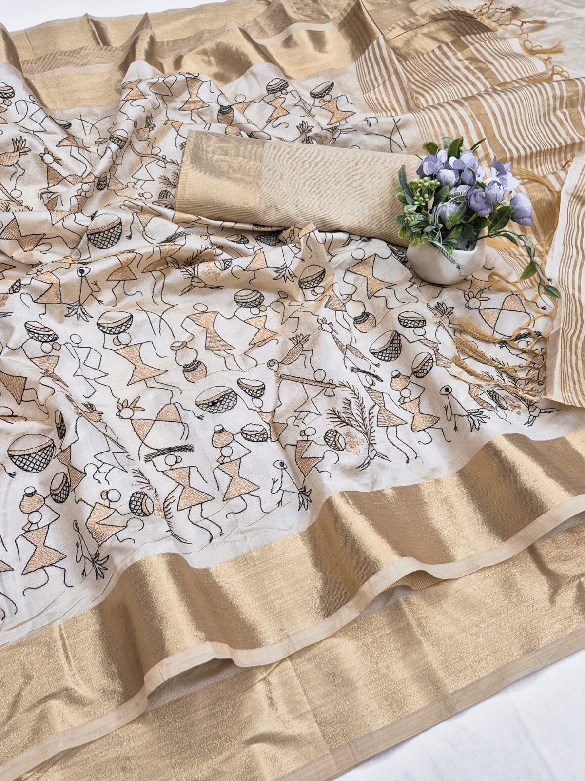 Off-White Aasami Silk Folk Embroidered Saree, view 3