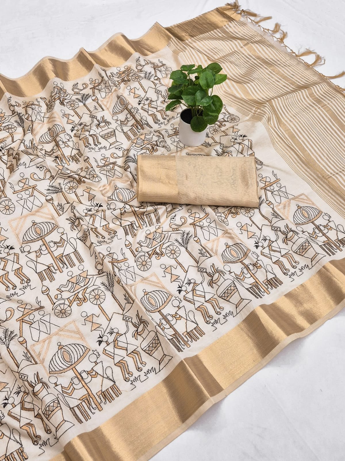 Off-White Aasami Silk Folk Embroidered Saree, view 4