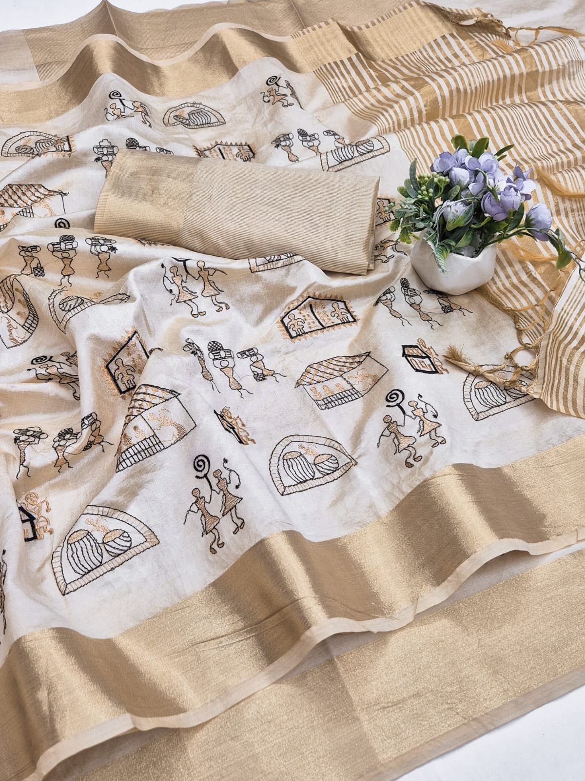 Off-White Aasami Silk Folk Embroidered Saree, view 6