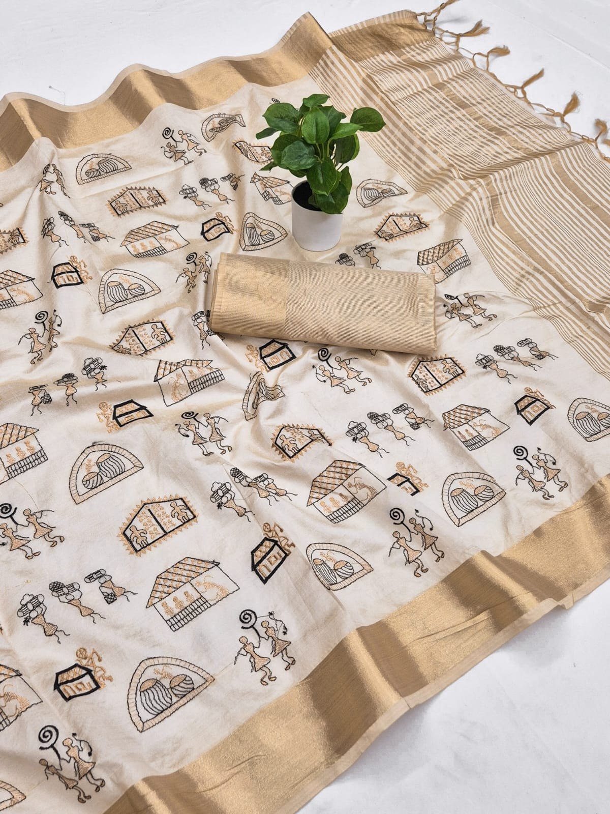 Off-White Aasami Silk Folk Embroidered Saree, view 7