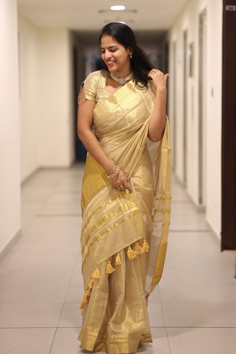 Beige Gold Mysore Silk Linen Jacquard Saree