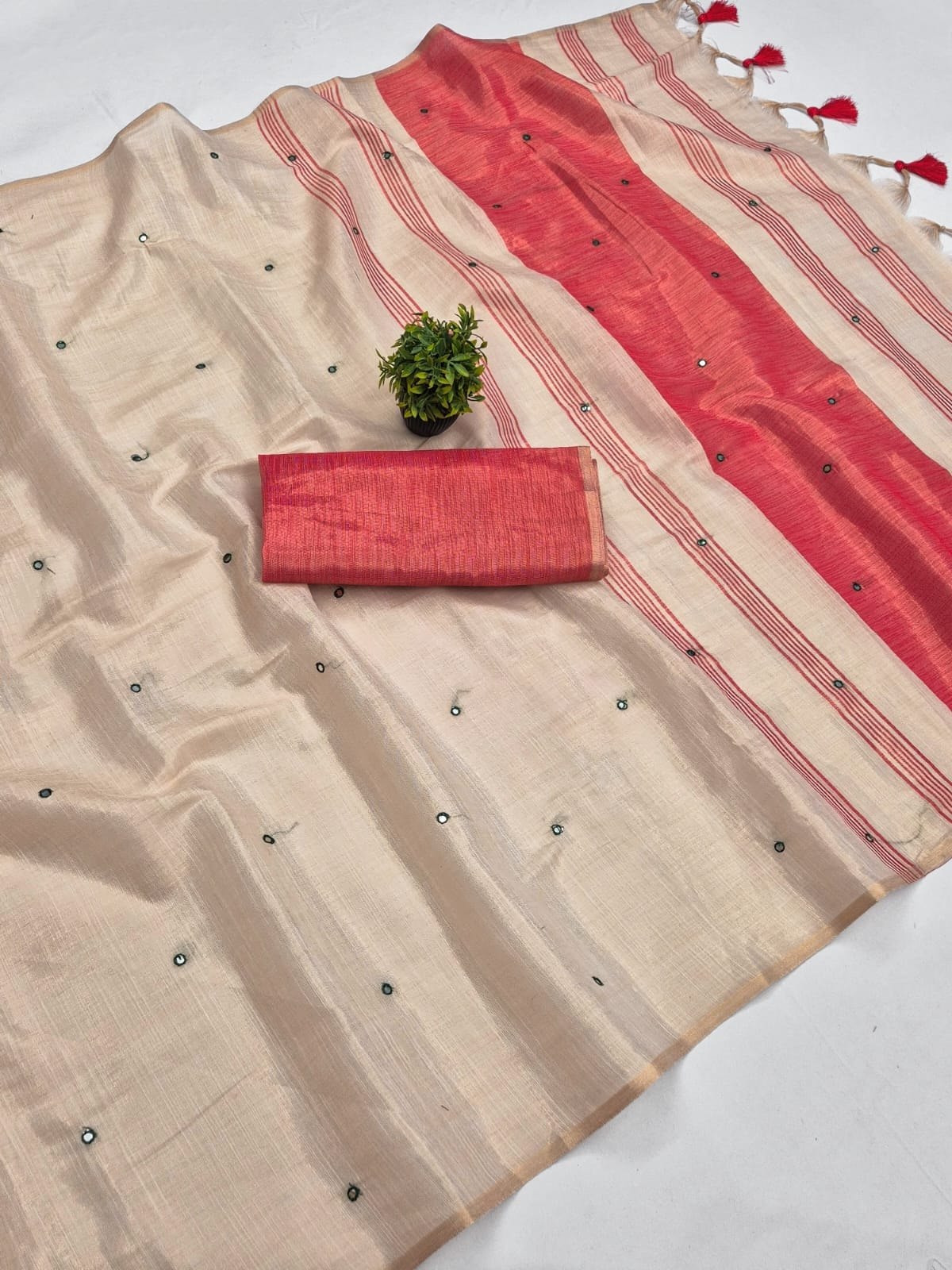 Red Mysore Silk Linen Mirror Work Saree