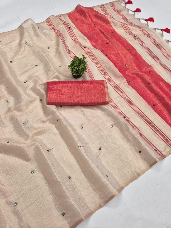 Red Mysore Silk Linen Mirror Work Saree
