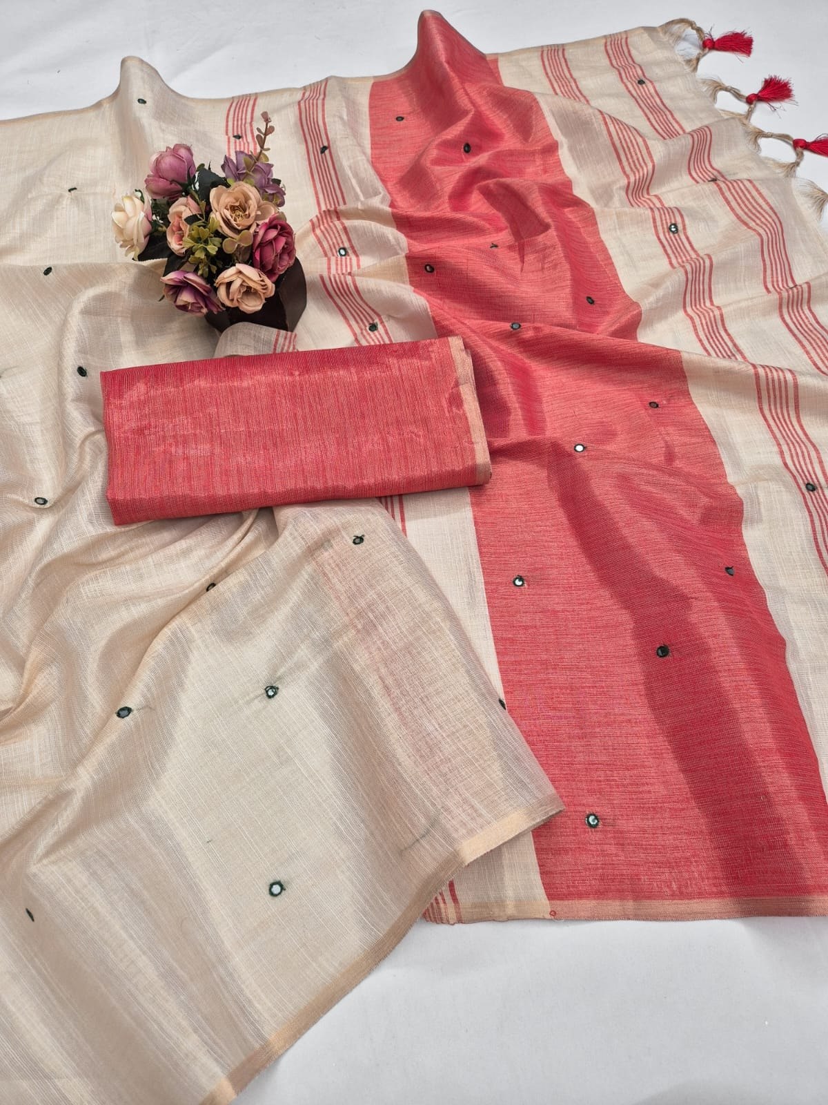 Red Mysore Silk Linen Mirror Work Saree, view 2