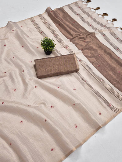 Brown Mysore Silk Linen Mirror Work Saree