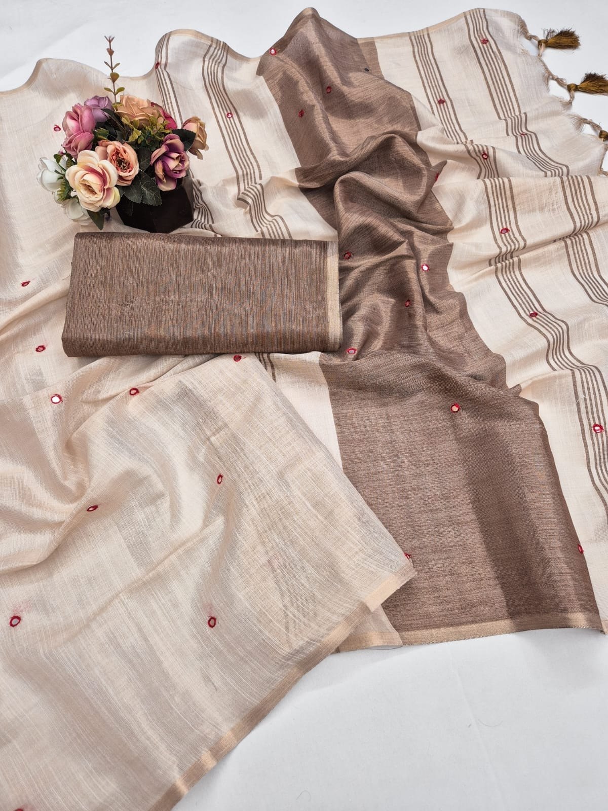 Brown Mysore Silk Linen Mirror Work Saree, view 2