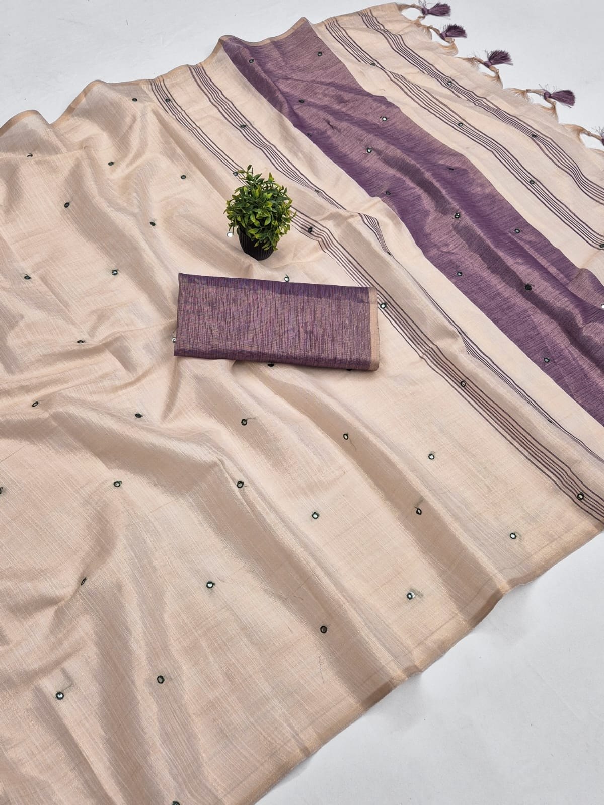 Violet Mysore Silk Linen Mirror Work Saree