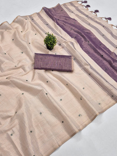 Violet Mysore Silk Linen Mirror Work Saree