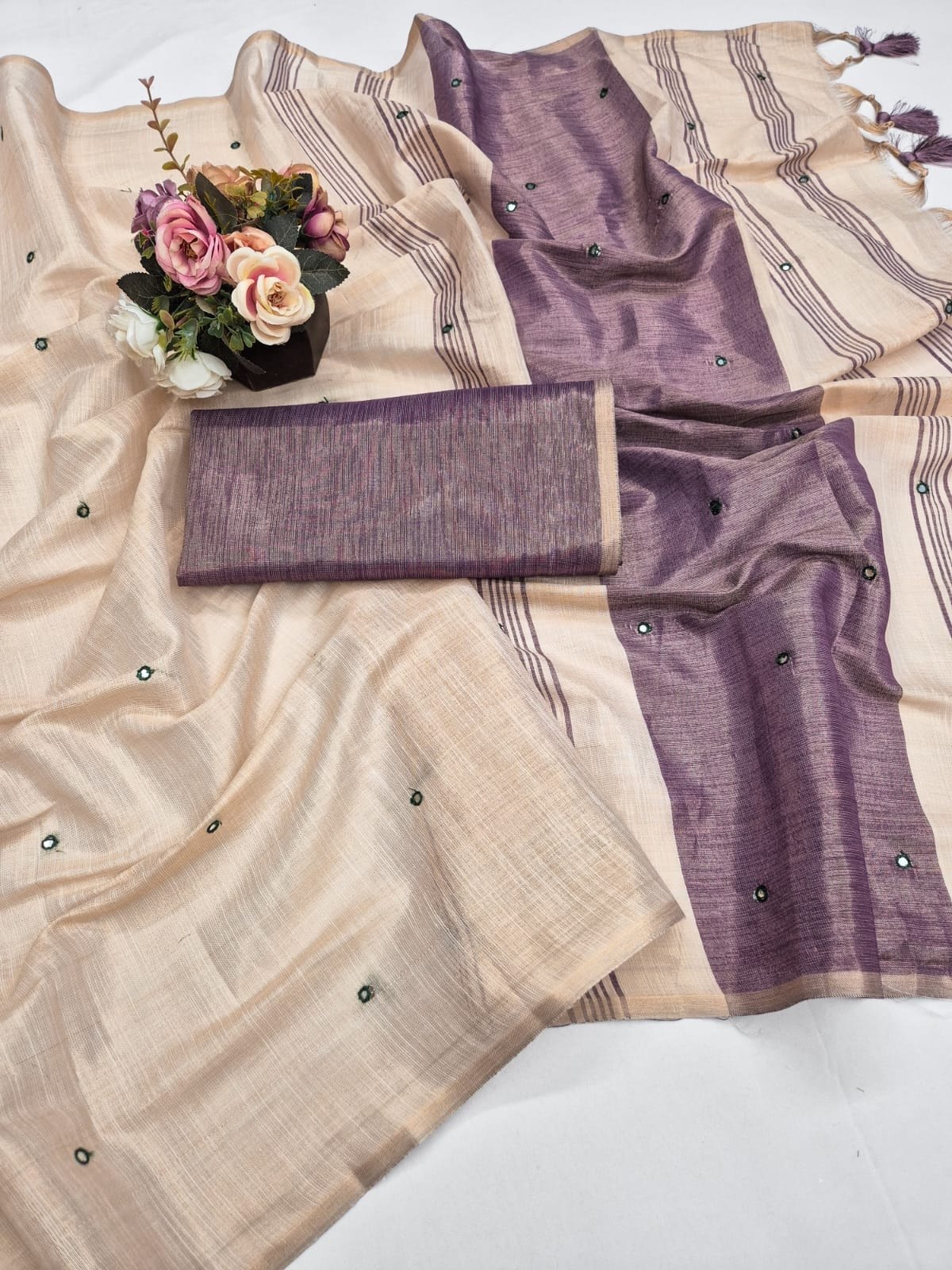 Violet Mysore Silk Linen Mirror Work Saree, view 2