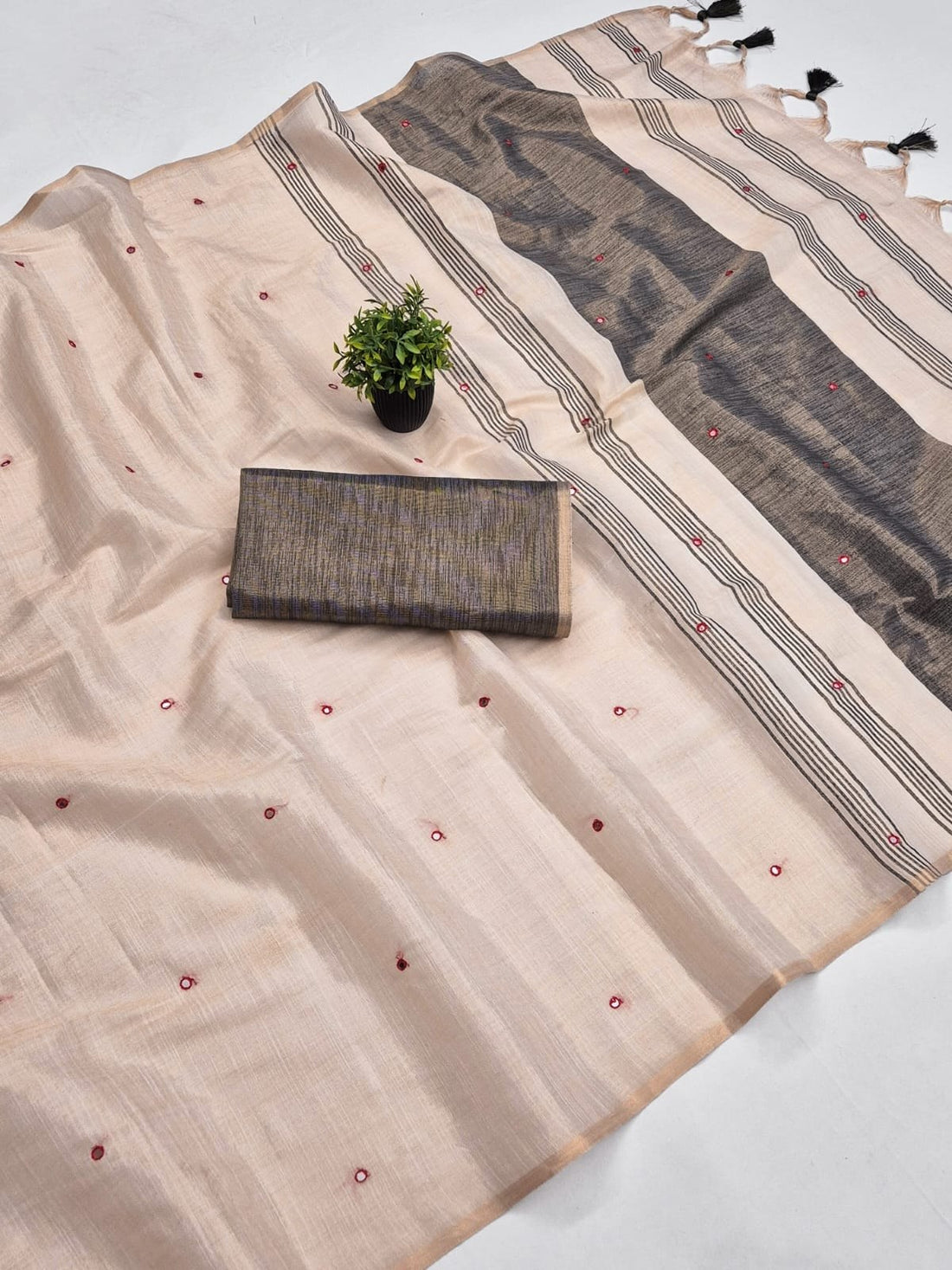 Black Mysore Silk Linen Mirror Work Saree