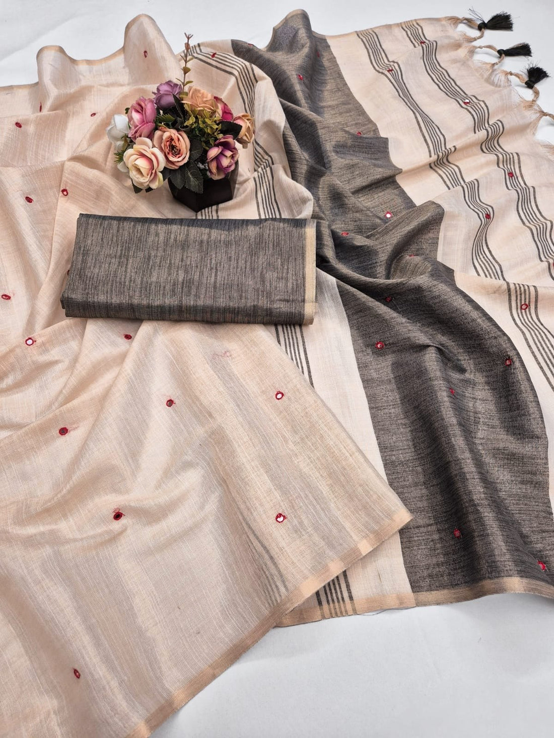 Black Mysore Silk Linen Mirror Work Saree